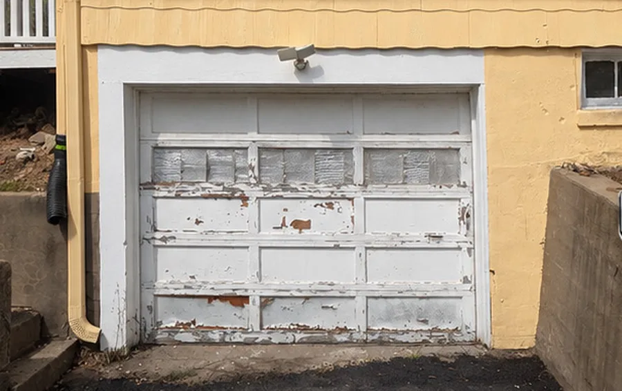 Residential garage door with peeling paint and damaged panels before replacement